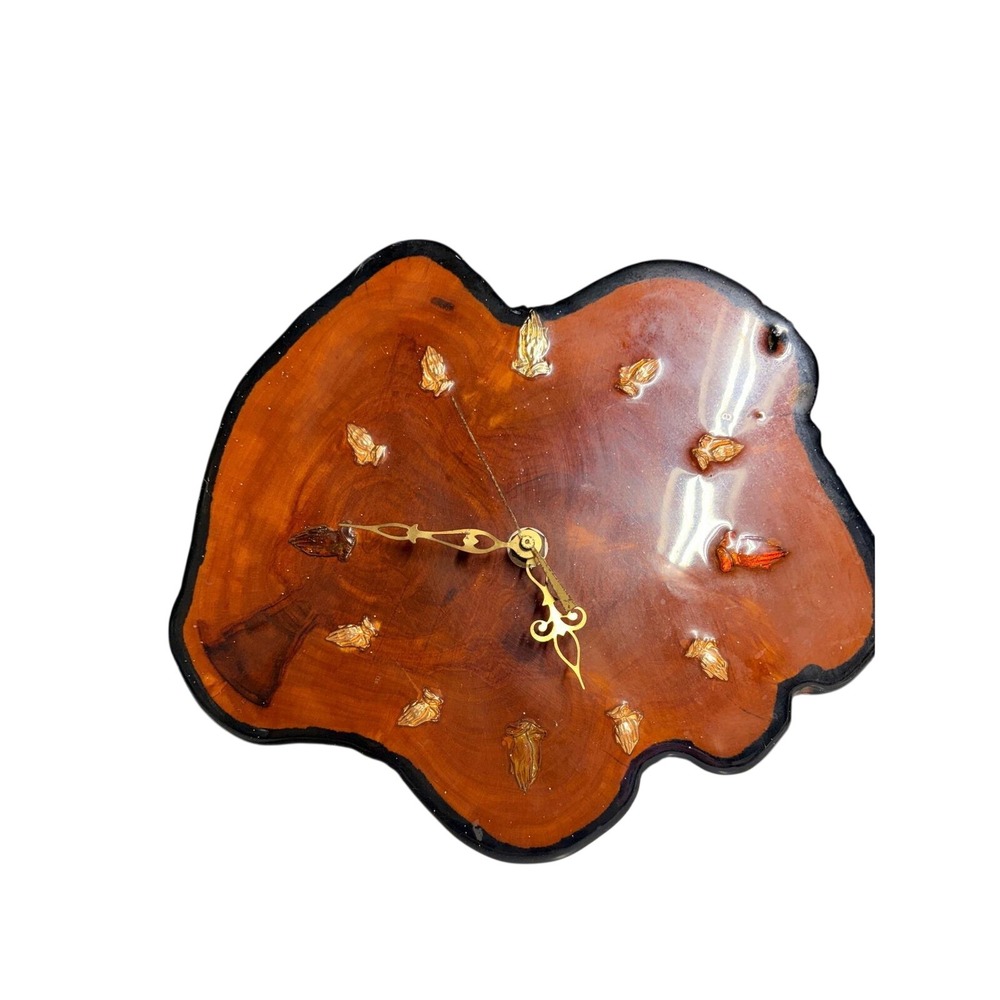 Vtg Live Edge Wood Wall Clock Praying Religious Resin Gloss Rustic 12" PARTS